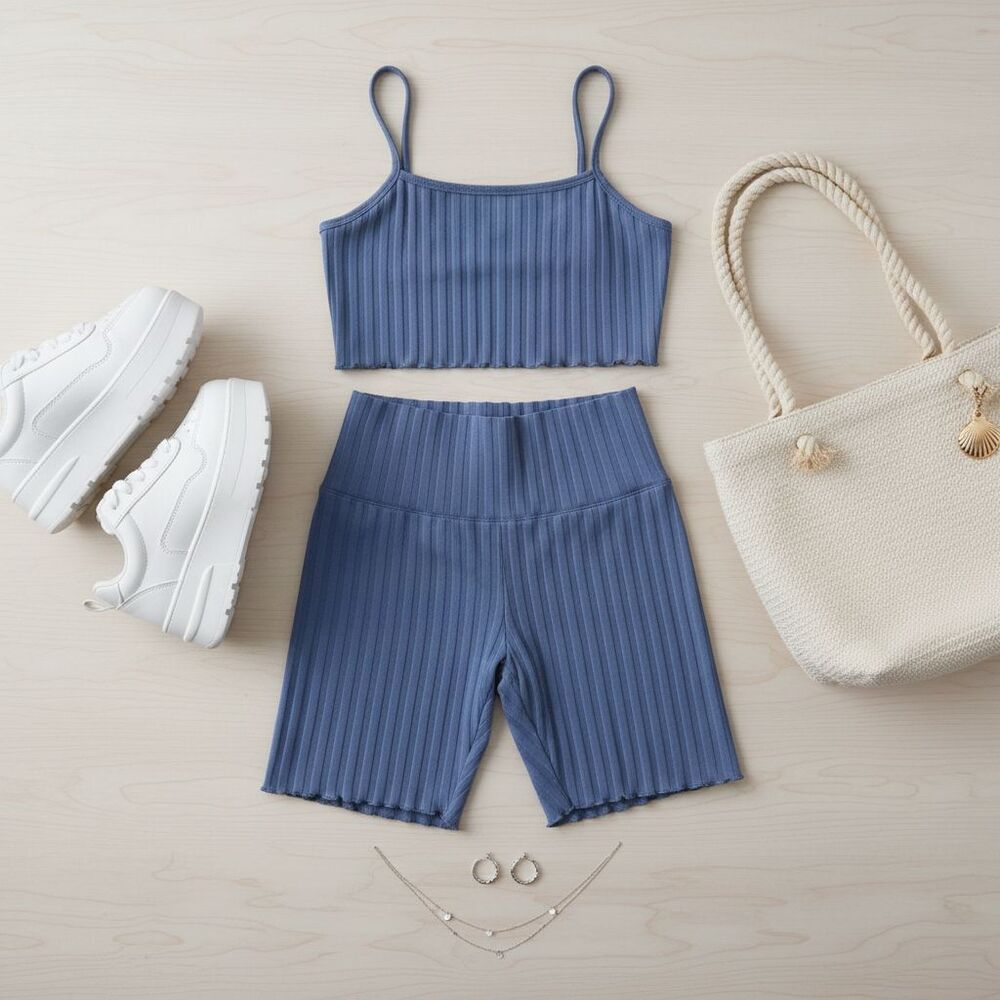 ❤️Offline Aerie High Rise Womens XS Blue Ribbed Ruffle Hem Biker Shorts Lounge❤️